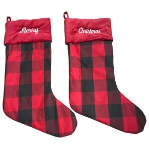 2-Embroidered Pottery Barn Red Black Buffalo Check Plaid Christmas Stocking